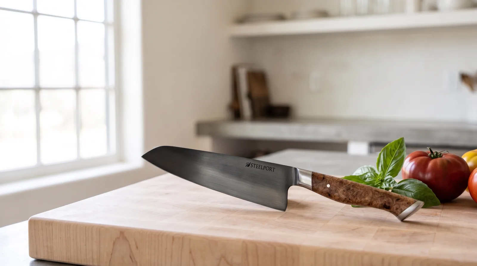 The chef’s knife on a maple board in morning kitchen light, beside basil and heirloom tomatoes